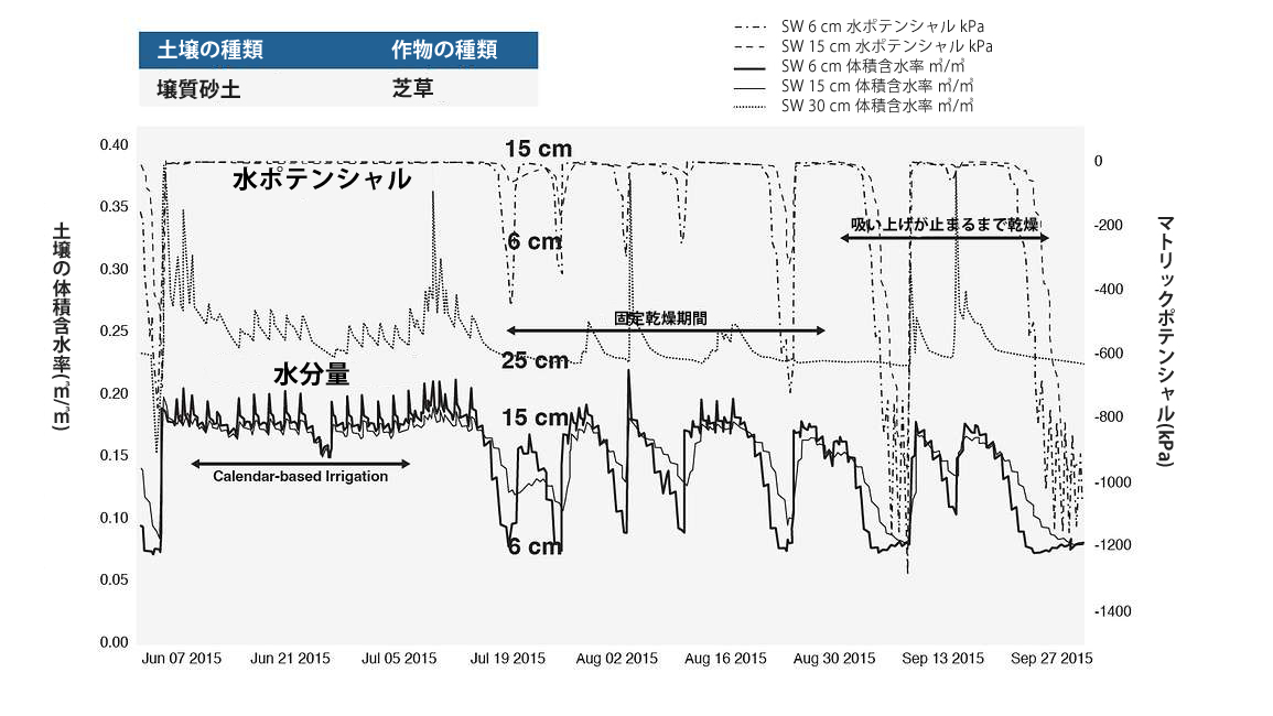 図2. 芝草が生育している湿潤状態の壌質砂土の水分量と水ポテンシャルの測定結果